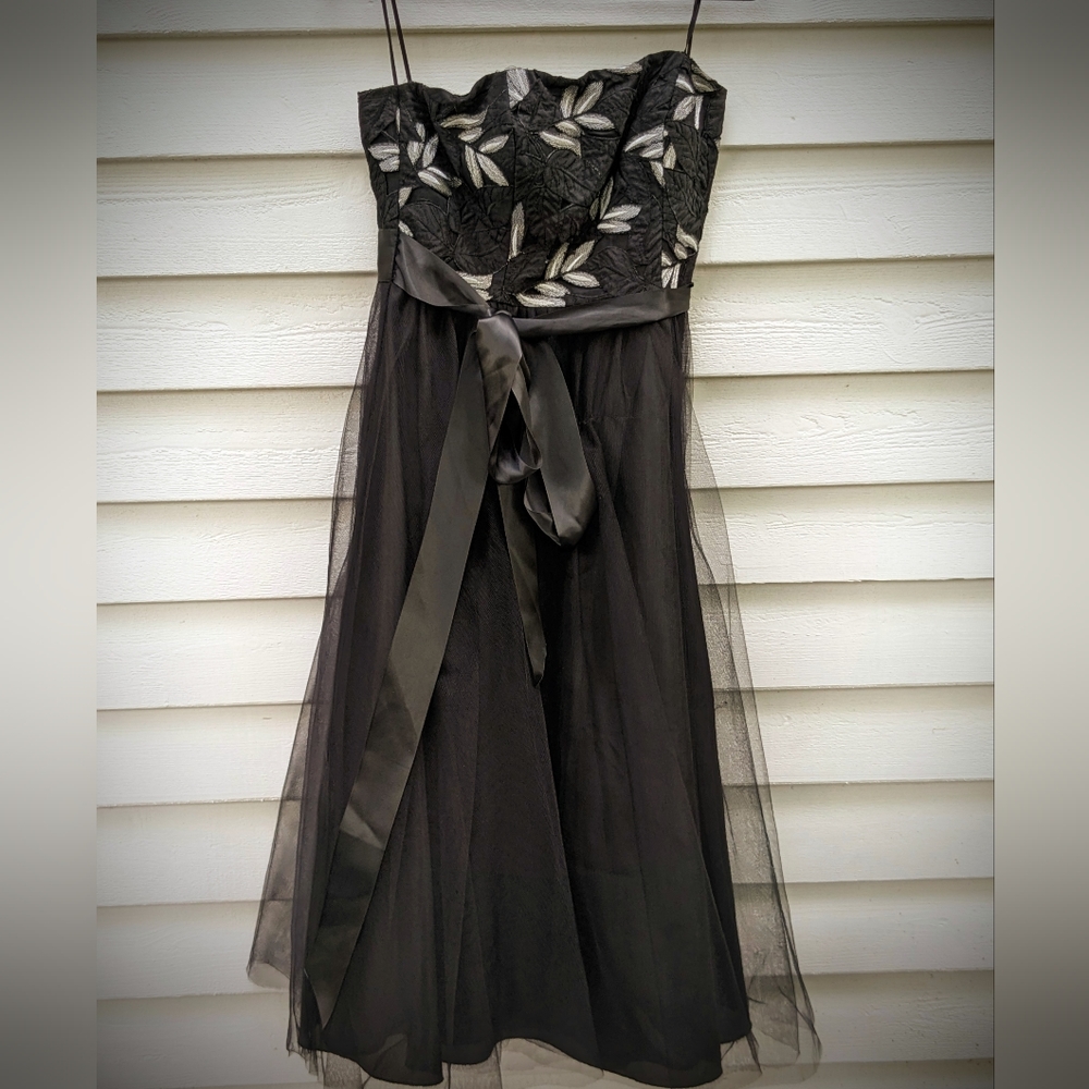 Black Oleg Cassini Floral and Tulle Strapless Gown